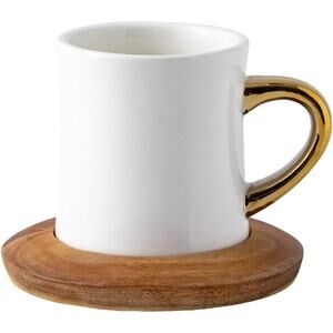 12 Oz Ceramic Tea Cup Coffee Cup Set with Wooden Saucer European Golden Hand Cup